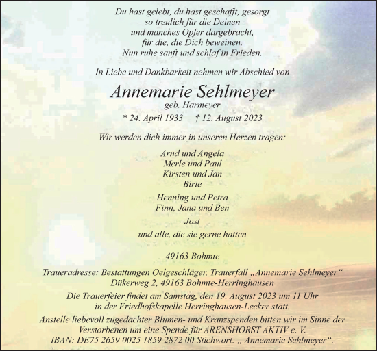 Traueranzeige von Annemarie Sehlmeyer von Neue Osnabrücker Zeitung GmbH & Co. KG