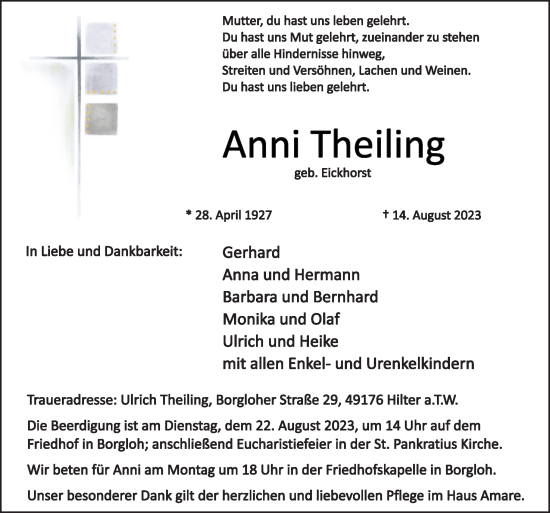 Traueranzeige von Anni Theiling von Neue Osnabrücker Zeitung GmbH & Co. KG