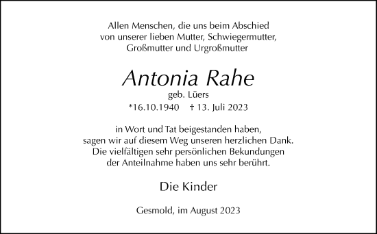 Traueranzeige von Antonia Rahe von Neue Osnabrücker Zeitung GmbH & Co. KG