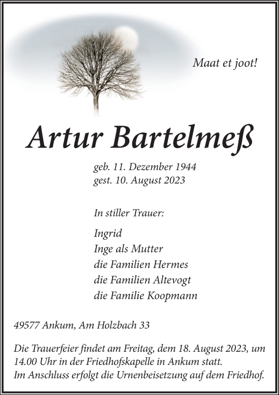 Traueranzeige von Artur Bartelmeß von Neue Osnabrücker Zeitung GmbH & Co. KG