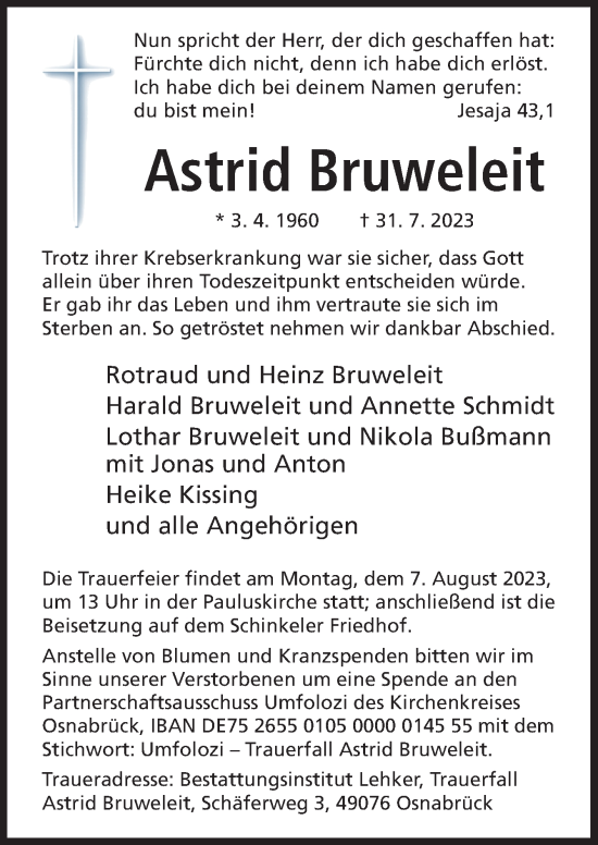 Traueranzeige von Astrid Bruweleit von Neue Osnabrücker Zeitung GmbH & Co. KG