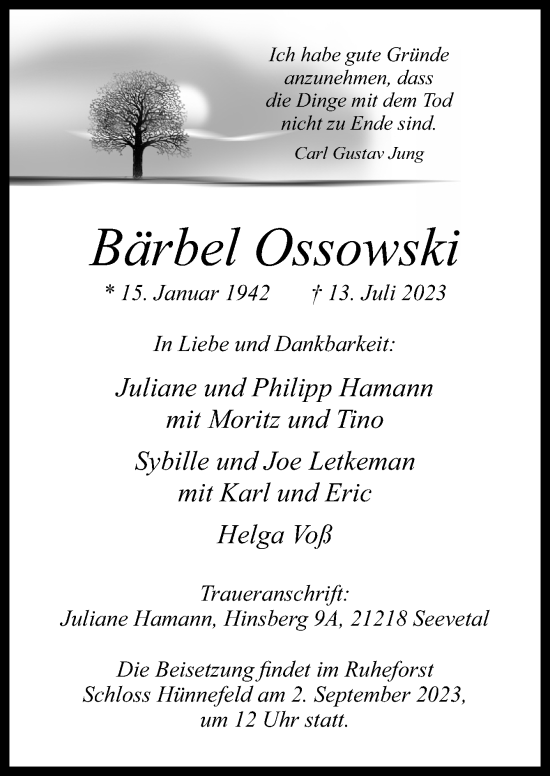 Traueranzeige von Bärbel Ossowski von Neue Osnabrücker Zeitung GmbH & Co. KG