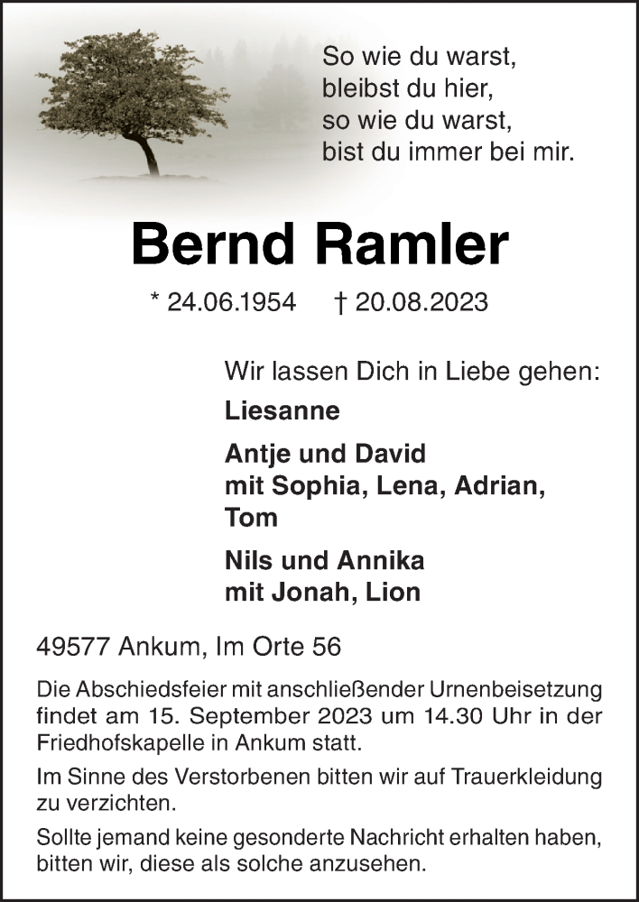  Traueranzeige für Bernd Ramler vom 25.08.2023 aus Neue Osnabrücker Zeitung GmbH & Co. KG