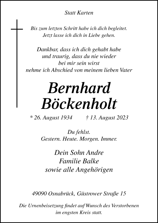Traueranzeige von Bernhard Böckenholt von Neue Osnabrücker Zeitung GmbH & Co. KG