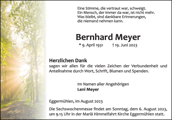Traueranzeige von Bernhard Meyer von Neue Osnabrücker Zeitung GmbH & Co. KG