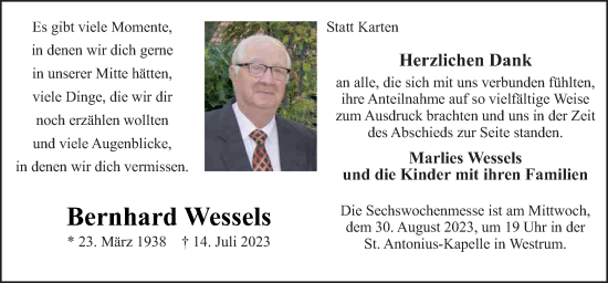 Traueranzeige von Bernhard Wessels von Neue Osnabrücker Zeitung GmbH & Co. KG