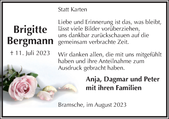 Traueranzeige von Brigitte Bergmann von Neue Osnabrücker Zeitung GmbH & Co. KG
