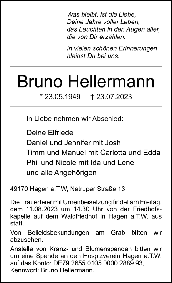 Traueranzeige von Bruno Hellermann von Neue Osnabrücker Zeitung GmbH & Co. KG