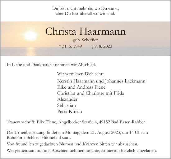 Traueranzeige von Christa Haarmann von Neue Osnabrücker Zeitung GmbH & Co. KG