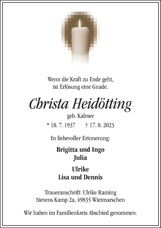 Traueranzeige von Christa Heidötting von Neue Osnabrücker Zeitung GmbH & Co. KG