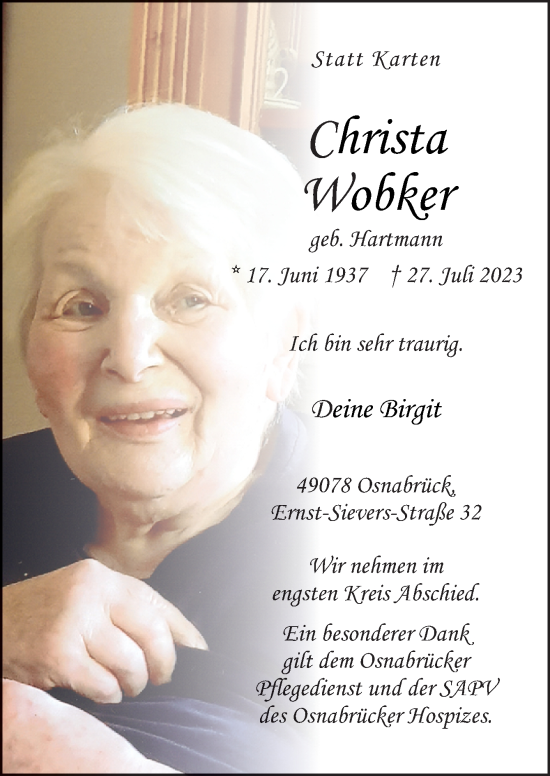 Traueranzeige von Christa Wobker von Neue Osnabrücker Zeitung GmbH & Co. KG