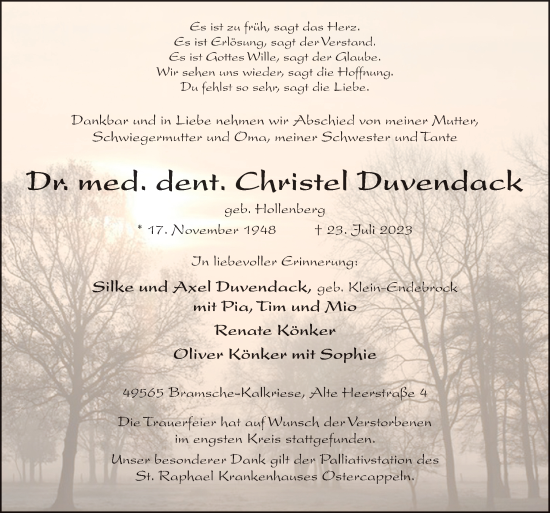 Traueranzeige von Christel Duvendack von Neue Osnabrücker Zeitung GmbH & Co. KG