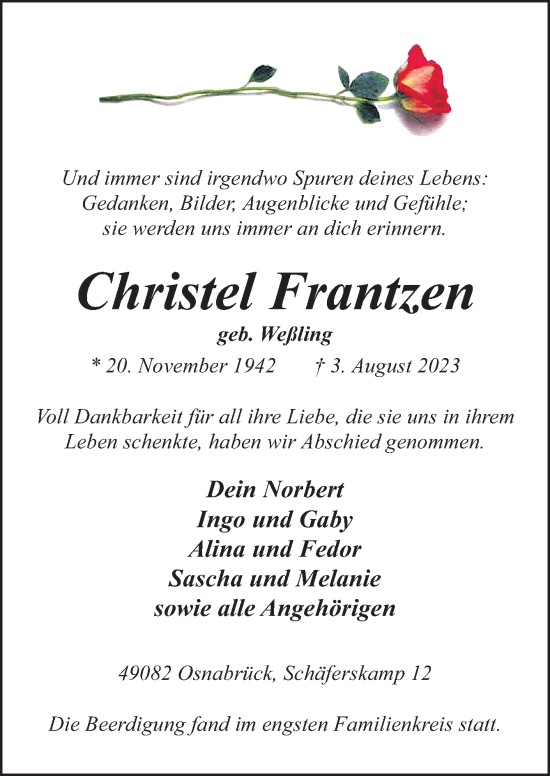 Traueranzeige von Christel Frantzen von Neue Osnabrücker Zeitung GmbH & Co. KG