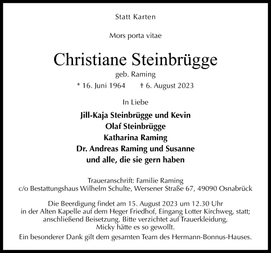 Traueranzeige von Christiane Steinbrügge von Neue Osnabrücker Zeitung GmbH & Co. KG