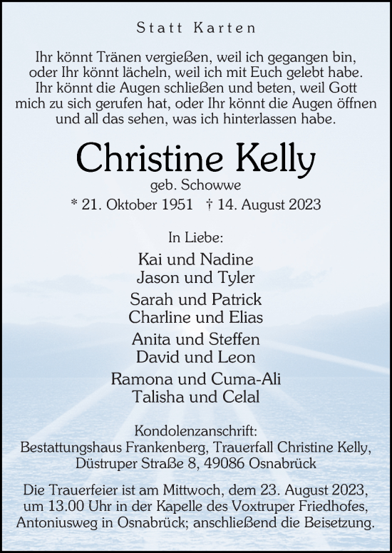Traueranzeige von Christine Kelly von Neue Osnabrücker Zeitung GmbH & Co. KG