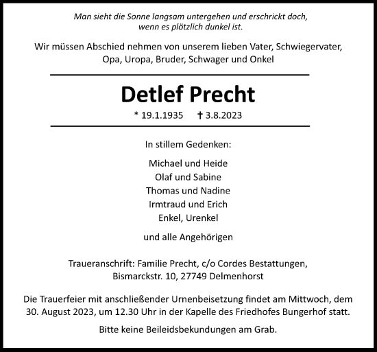 Traueranzeige von Detlef Precht von DK Medien GmbH & Co. KG