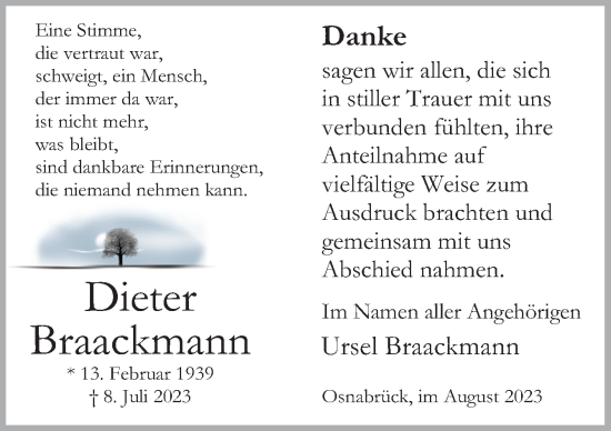 Traueranzeige von Dieter Braackmann von Neue Osnabrücker Zeitung GmbH & Co. KG