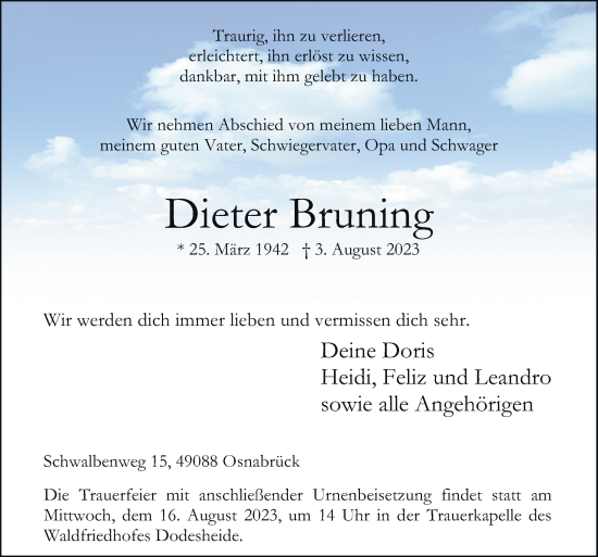 Traueranzeige von Dieter Bruning von Neue Osnabrücker Zeitung GmbH & Co. KG