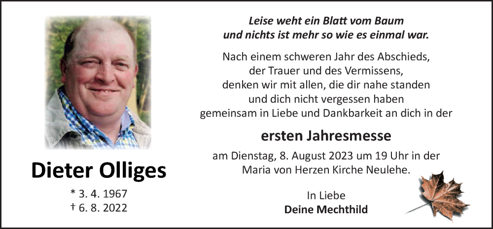  Traueranzeige für Dieter Olliges vom 05.08.2023 aus Neue Osnabrücker Zeitung GmbH & Co. KG