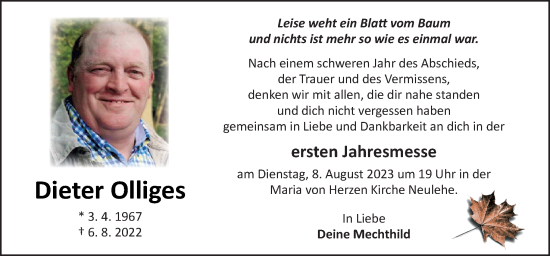 Traueranzeige von Dieter Olliges von Neue Osnabrücker Zeitung GmbH & Co. KG