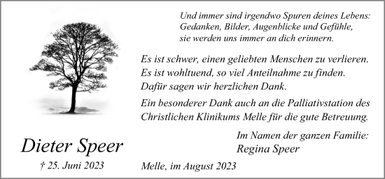 Traueranzeige von Dieter Speer von Neue Osnabrücker Zeitung GmbH & Co. KG