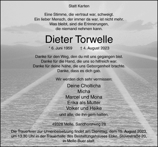 Traueranzeige von Dieter Torwelle von Neue Osnabrücker Zeitung GmbH & Co. KG