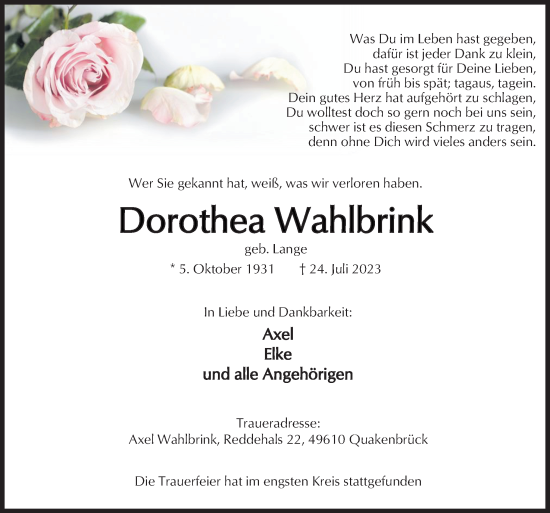 Traueranzeige von Dorothea Wahlbrink von Neue Osnabrücker Zeitung GmbH & Co. KG