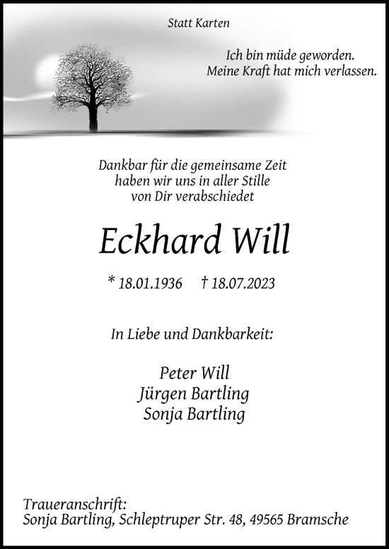 Traueranzeige von Eckhard Will von Neue Osnabrücker Zeitung GmbH & Co. KG