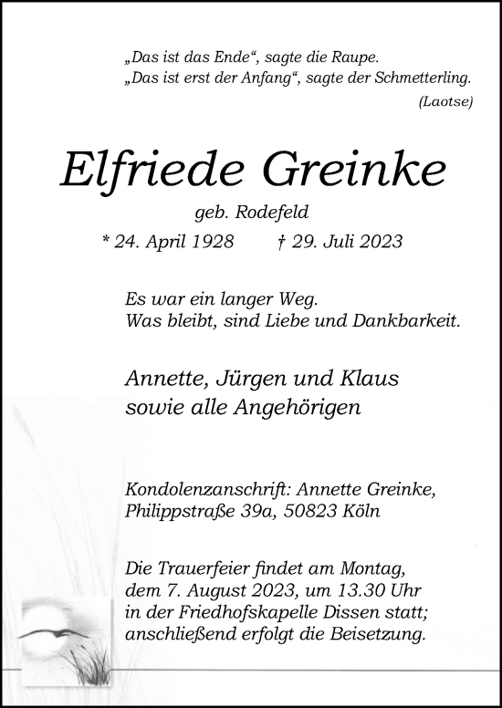 Traueranzeige von Elfriede Greinke von Neue Osnabrücker Zeitung GmbH & Co. KG