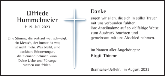 Traueranzeige von Elfriede Hummelmeier von Neue Osnabrücker Zeitung GmbH & Co. KG