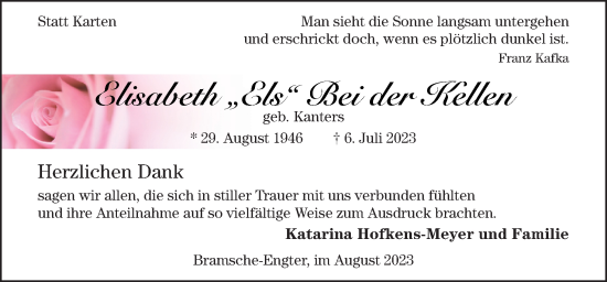 Traueranzeige von Elisabeth Bei der Kellen von Neue Osnabrücker Zeitung GmbH & Co. KG