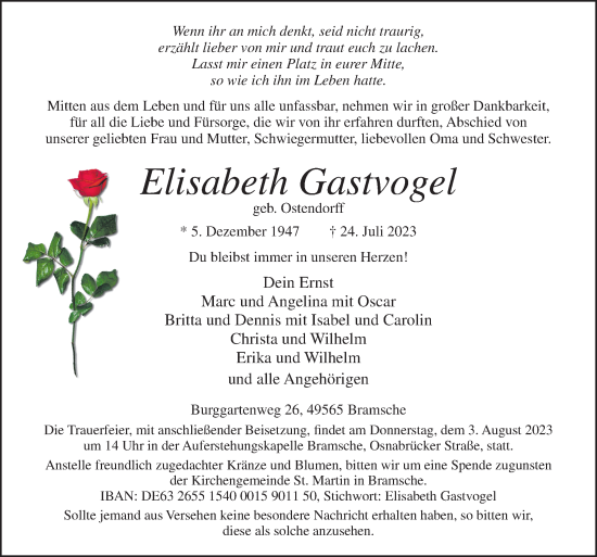 Traueranzeige von Elisabeth Gastvogel von Neue Osnabrücker Zeitung GmbH & Co. KG