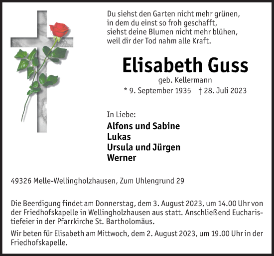 Traueranzeige von Elisabeth Guss von Neue Osnabrücker Zeitung GmbH & Co. KG