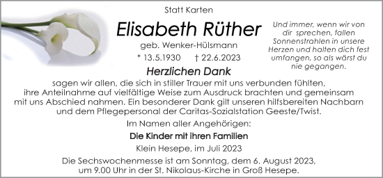 Traueranzeige von Elisabeth Rüther von Neue Osnabrücker Zeitung GmbH & Co. KG