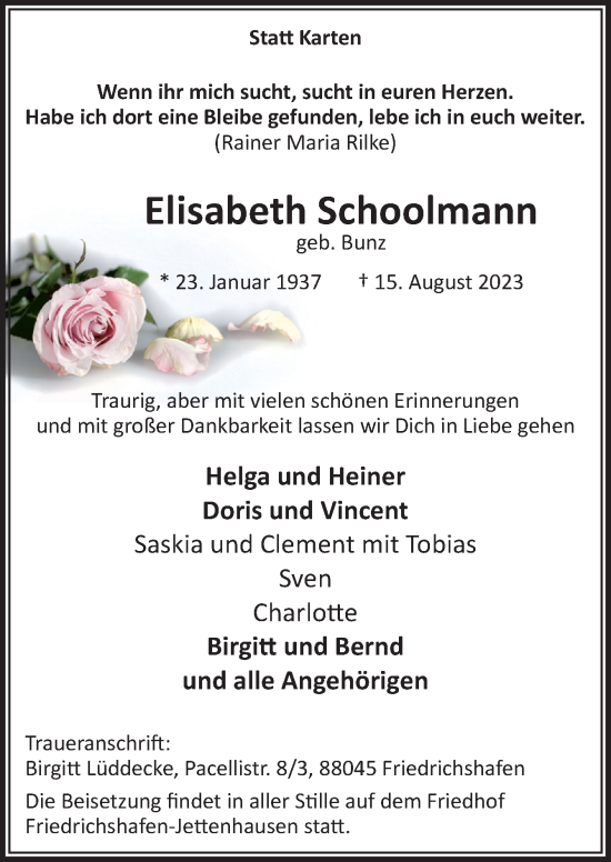 Traueranzeige von Elisabeth Schoolmann von Neue Osnabrücker Zeitung GmbH & Co. KG