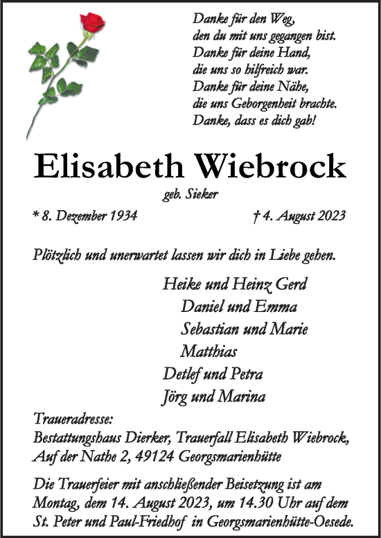 Traueranzeige von Elisabeth Wiebrock von Neue Osnabrücker Zeitung GmbH & Co. KG