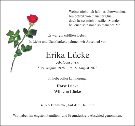 Traueranzeige von Erika Lücke von Neue Osnabrücker Zeitung GmbH & Co. KG