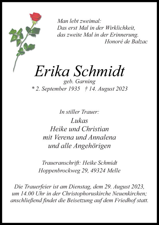 Traueranzeige von Erika Schmidt von Neue Osnabrücker Zeitung GmbH & Co. KG