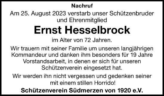Traueranzeige von Ernst Hesselbrock von Neue Osnabrücker Zeitung GmbH & Co. KG