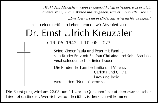 Traueranzeige von Ernst Ulrich Kreuzaler von Neue Osnabrücker Zeitung GmbH & Co. KG
