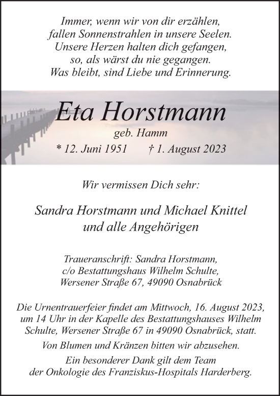 Traueranzeige von Eta Horstmann von Neue Osnabrücker Zeitung GmbH & Co. KG