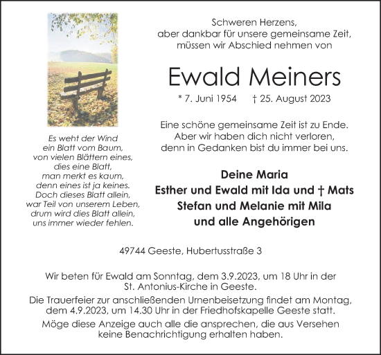 Traueranzeige von Ewald Meiners von Neue Osnabrücker Zeitung GmbH & Co. KG