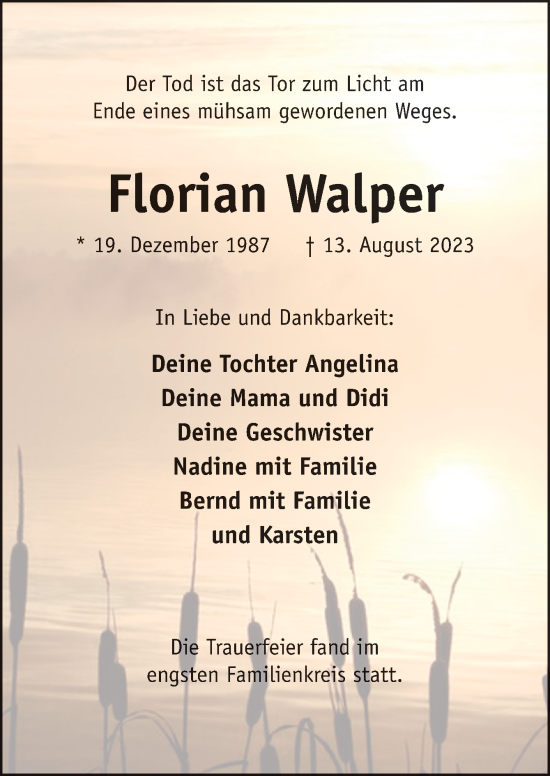 Traueranzeige von Florian Walper von Neue Osnabrücker Zeitung GmbH & Co. KG