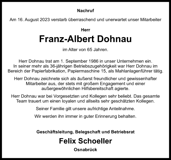 Traueranzeige von Franz-Albert Dohnau von Neue Osnabrücker Zeitung GmbH & Co. KG
