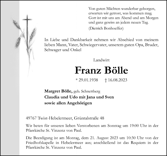 Traueranzeige von Franz Bölle von Neue Osnabrücker Zeitung GmbH & Co. KG
