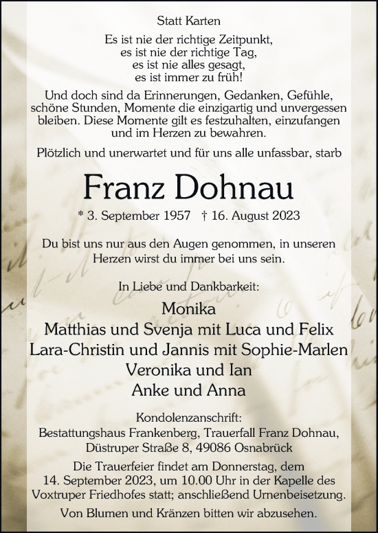 Traueranzeige von Franz Dohnau von Neue Osnabrücker Zeitung GmbH & Co. KG