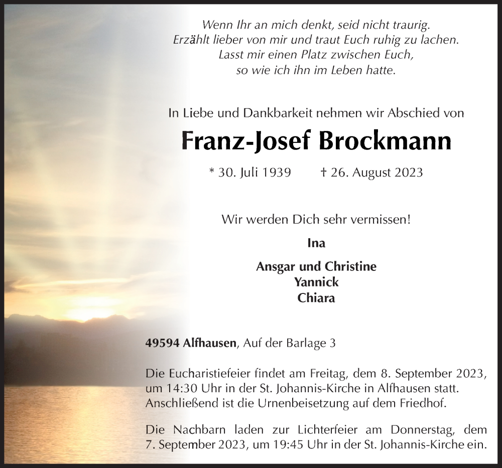  Traueranzeige für Franz-Josef Brockmann vom 30.08.2023 aus Neue Osnabrücker Zeitung GmbH & Co. KG