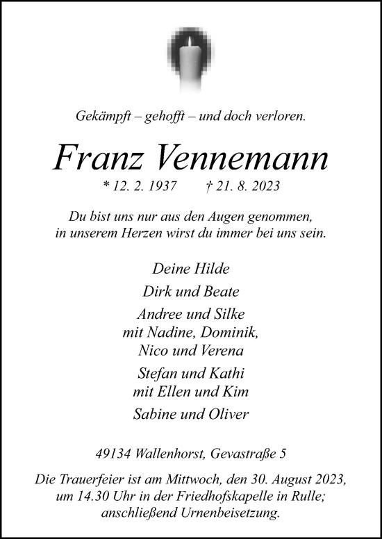 Traueranzeige von Franz Vennemann von Neue Osnabrücker Zeitung GmbH & Co. KG