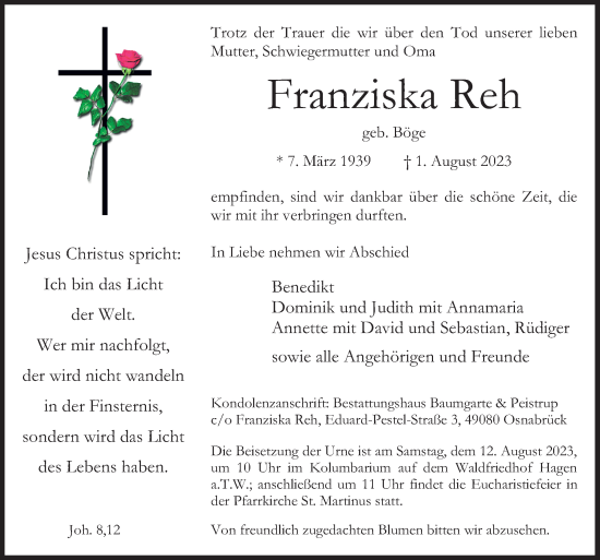 Traueranzeige von Franziska Reh von Neue Osnabrücker Zeitung GmbH & Co. KG