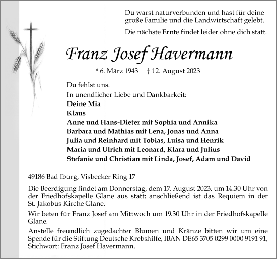 Traueranzeige von Franz Josef Havermann von Neue Osnabrücker Zeitung GmbH & Co. KG